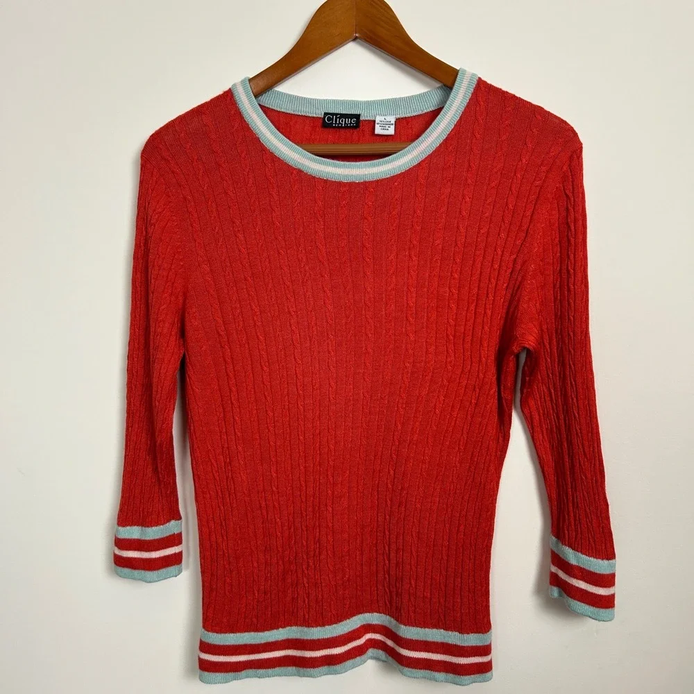 Silk Cashmere Sweater Womens Large Red Lightweight Cable Knit Clique NY